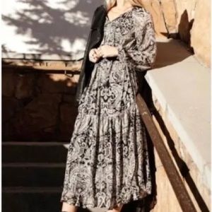 Anthropologie O.P.T. Dress Midi Long Sleeves Ruffles Boho Paisley Tan Sage NWT S